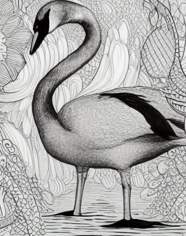 A black and white drawing of a swan