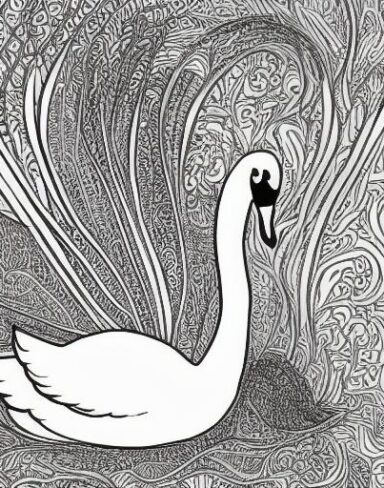 A black and white drawing of a swan