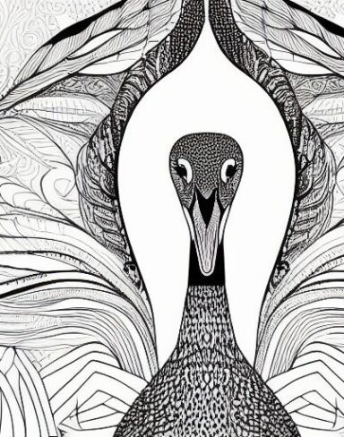 A black and white drawing of a swan
