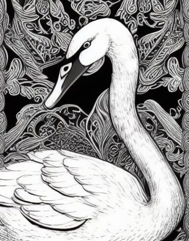 A black and white drawing of a swan
