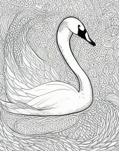 A black and white drawing of a swan