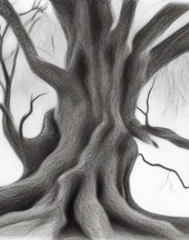 A black and white drawing of a tree