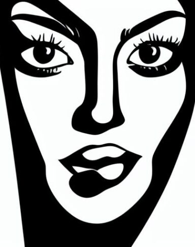 A black and white drawing of a woman’s face