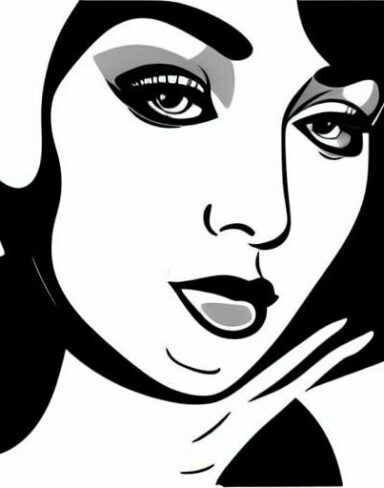 A black and white drawing of a woman’s face