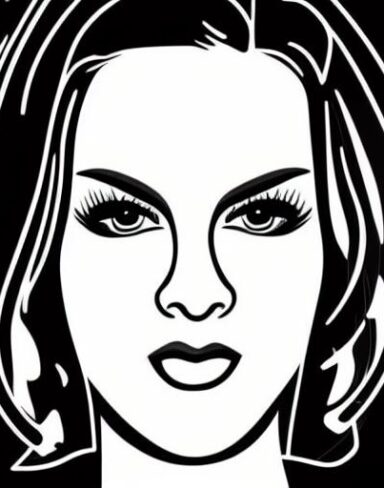 A black and white drawing of a woman’s face