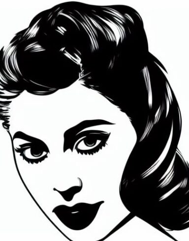 A black and white drawing of a woman’s face