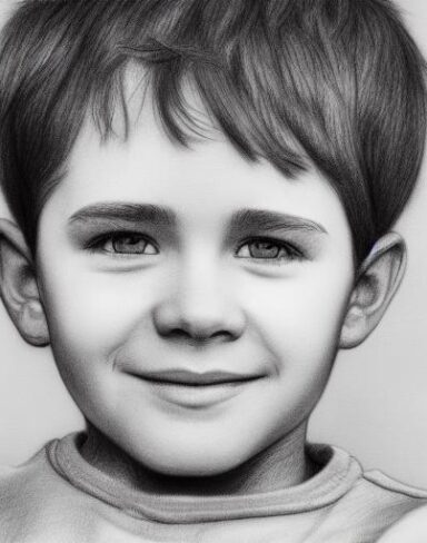 A black and white drawing of a young age boy