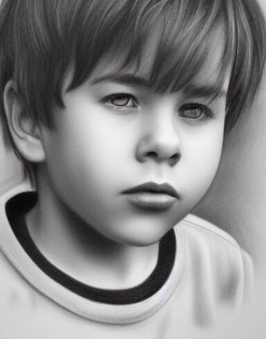A black and white drawing of a young boy