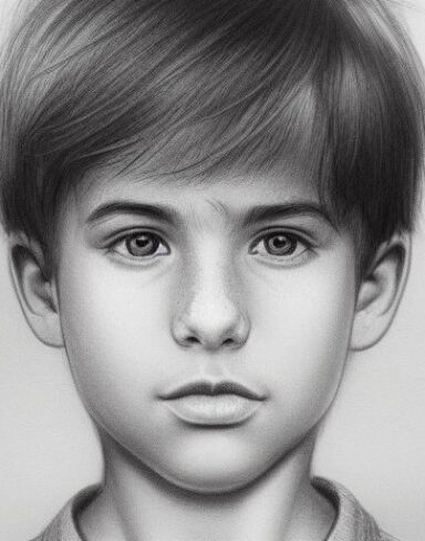 A black and white drawing of a youthful boy