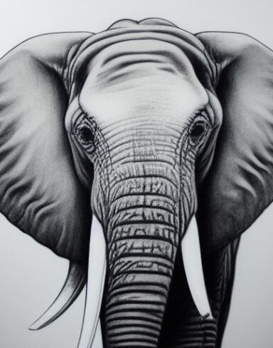A black and white drawing of an elephant