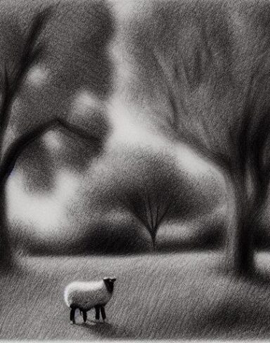 A black and white drawing of sheep and trees in the landscape
