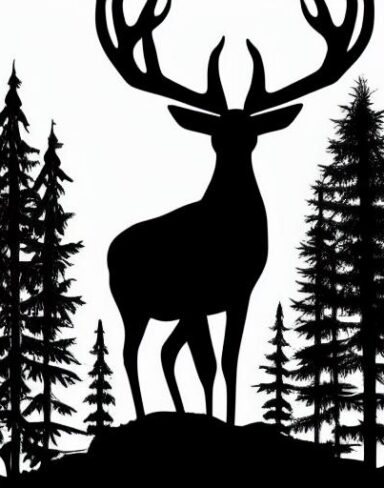 A black and white silhouette of a deer in a forest with sky