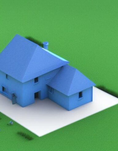 A blue house sitting on top of a green field