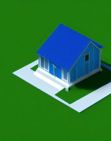 A blue house sitting on top of a green field