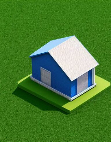 A blue house sitting on top of a green field