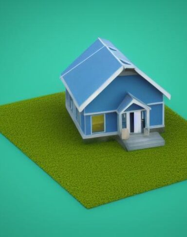 A blue house sitting on top of a green field