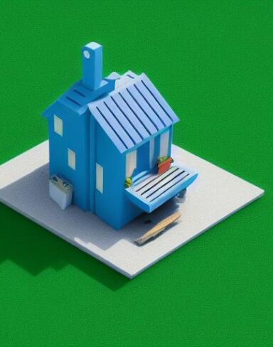 A blue house sitting on top of a green field