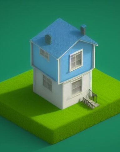 A blue house sitting on top of a green field