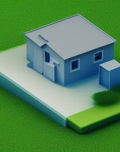 A blue house sitting on top of a green field