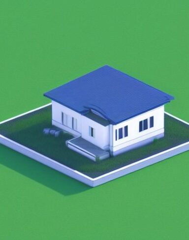 A blue house sitting on top of a green field