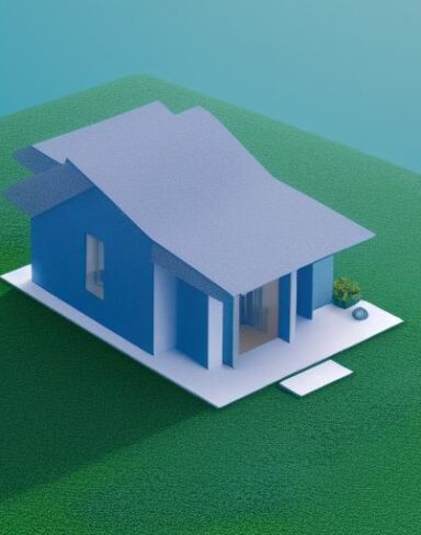 A blue house sitting on top of a green field