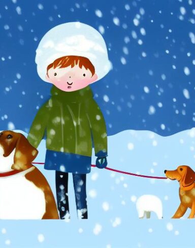 A boy and a dog in the snow