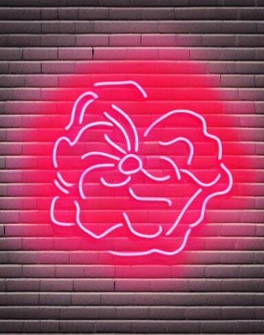 A bright flower neon sign on a brick wall