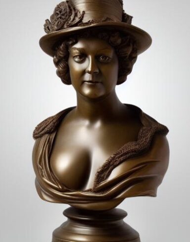 A bronze bust of a lady wearing hat