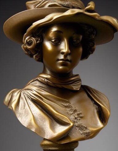 A bronze bust of beautiful woman with a hat