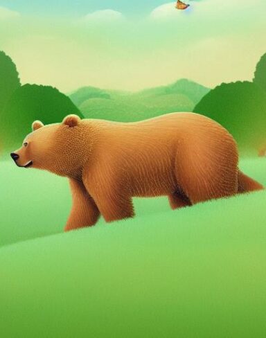 A brown bear on a green field