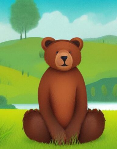 A brown bear sitting the lush green field