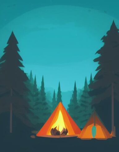 A camp in the middle of a forest at night