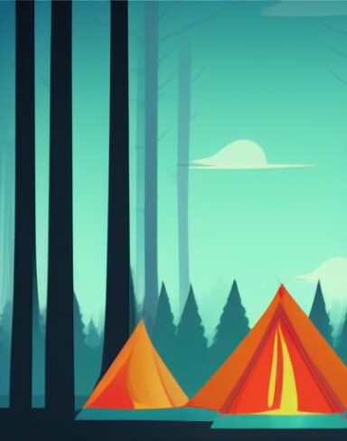 A camp in the middle of a forest with some trees at night