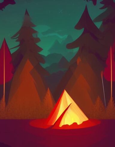 A campfire in the middle of a forest at night