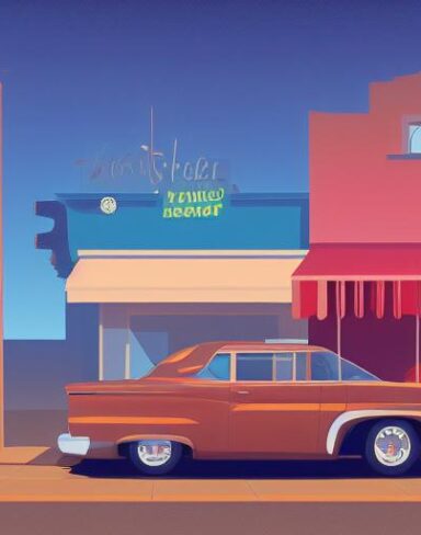 A car is parked in front of a restaurant