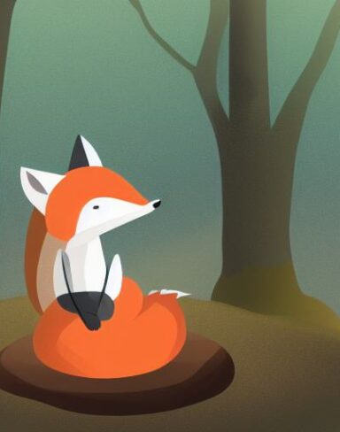 A cartoon fox sitting on top of a mushroom