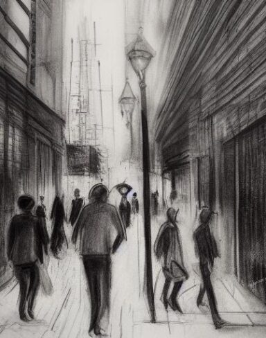 A charcoal painting of people walking down the city street