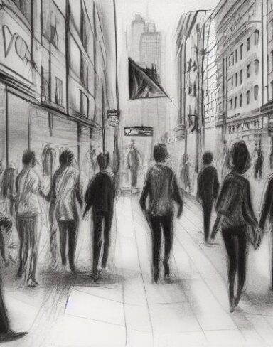 A charcoal painting of people walking down the city street