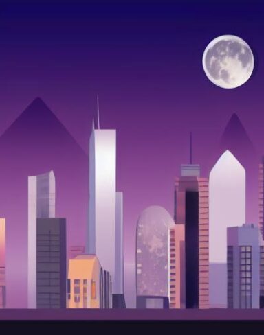 A city at night with a full moon in the sky