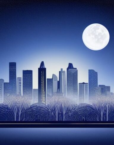 A city at night with a moon in the sky