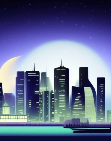 A city at night with a moon in the sky