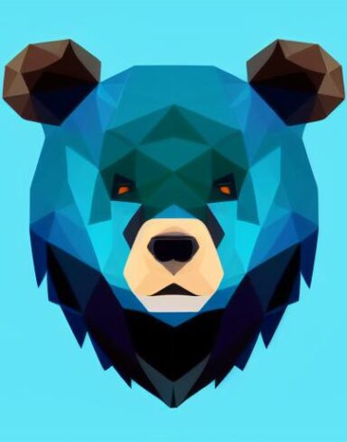A close up of a bear face on a blue background