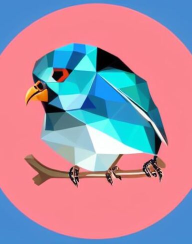 A close up of a bird face on a blue background