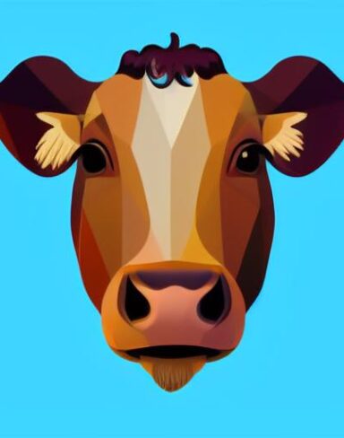 A close up of a cow face on a blue background