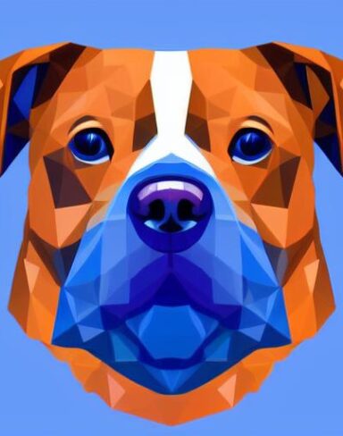 A close up of a dog’s face on a blue background