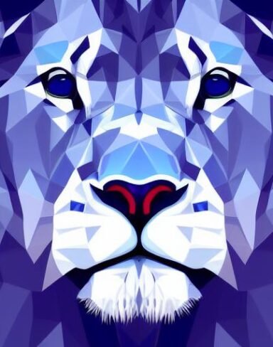 A close up of a lion face on a blue background
