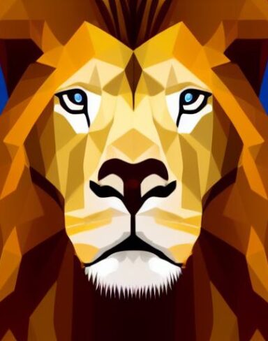 A close up of a lion face on a blue background