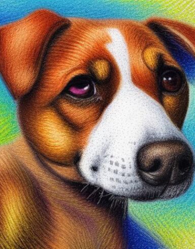 A close up of a painting of a cheerful puppy with yellow background