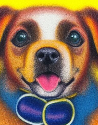A close up of a painting of a cheerful puppy with yellow background
