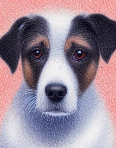 A close up of a painting of a cute dog with white background